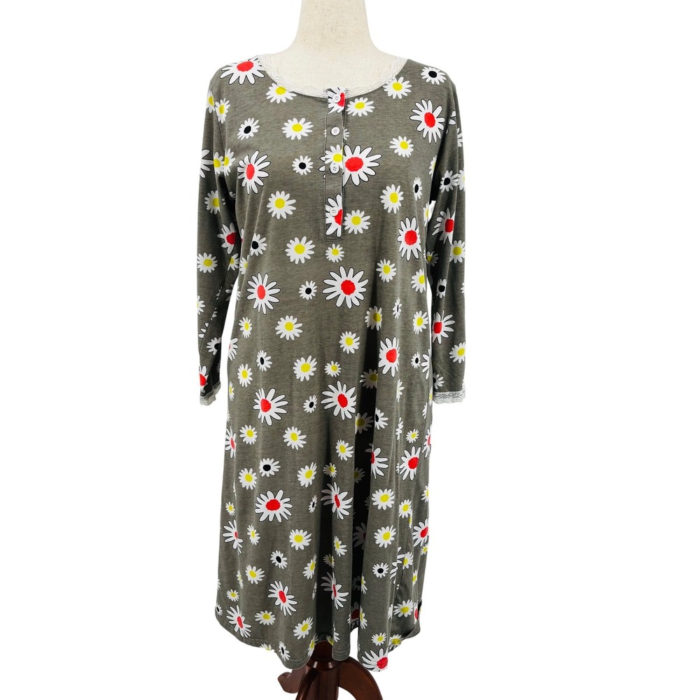 Enjoynight Daisy Floral Nightgown Womens Medium Gray Lace Trim Henley Sleepwear